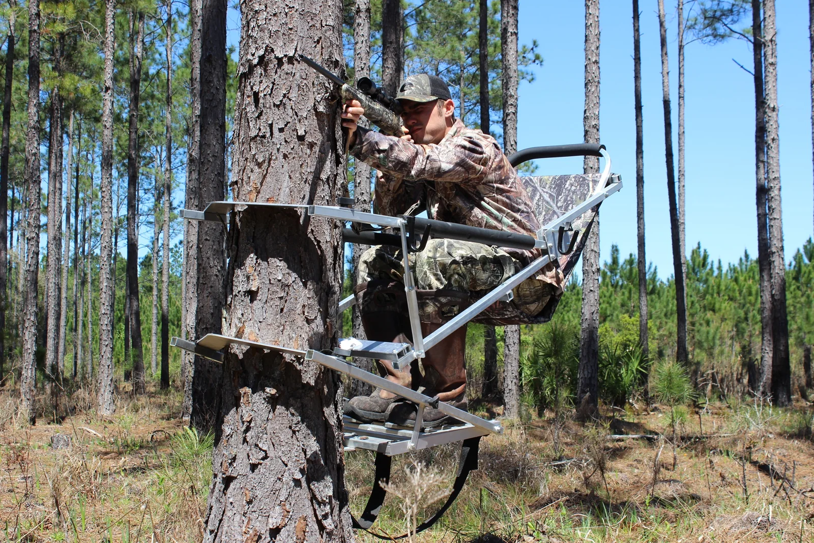 Hunter seated in The Gunslinger climbing stand on a pine in open woodland
